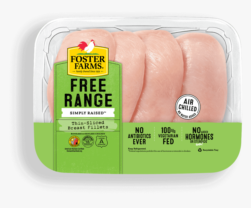 Free Range Thin-sliced Boneless Skinless Chicken Breast - Foster Farms Chicken Breast Fillets, HD Png Download, Free Download
