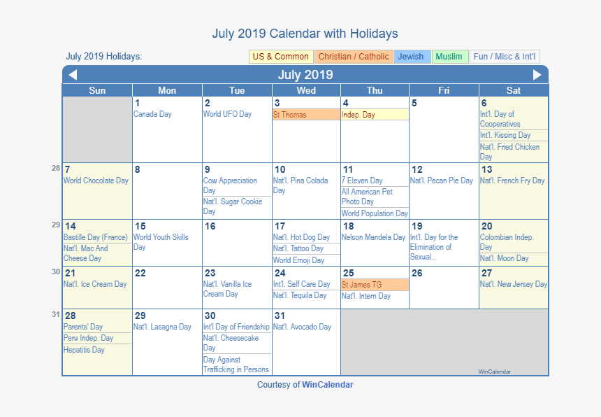 July 2019 Printable Calendar With Us Holidays - Holidays In October 2019, HD Png Download, Free Download
