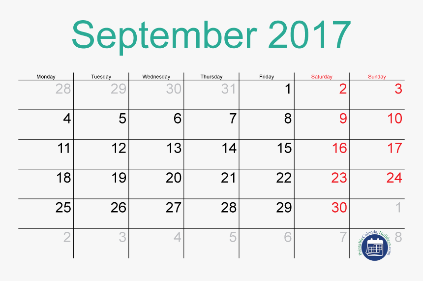 2017 September Calendar Printable 2018 2019 - September 9 2017 Calendar, HD Png Download, Free Download