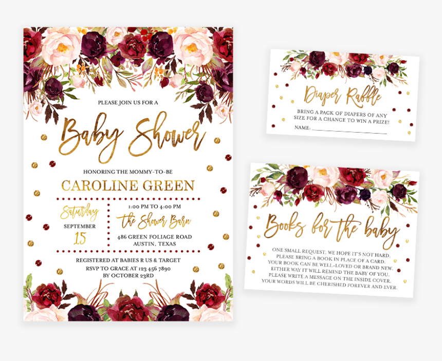 Marsala And Gold Floral Baby Shower Invitation Pack - Floral Marsala Png, Transparent Png, Free Download