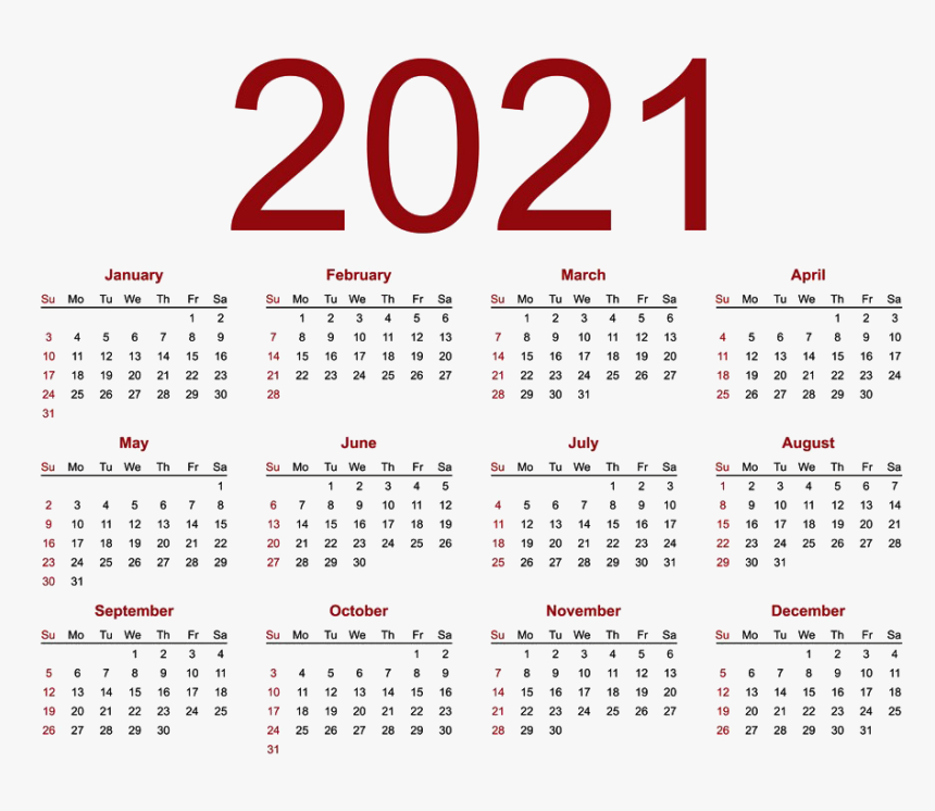 Calendar 2021 Png File - Printable Year Calendar 2020, Transparent Png, Free Download