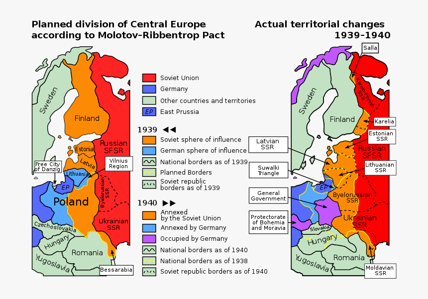 Planned And Actual Territorial Changes In Central Europe - Molotov Ribbentrop Pact, HD Png Download, Free Download