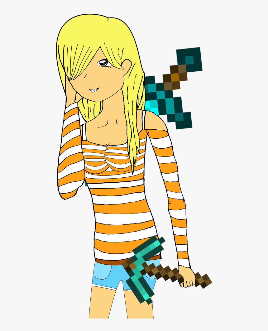 Girl With Minecraft Pickaxe And Sword - Draw A Minecraft Pickaxe, HD Png Download, Free Download