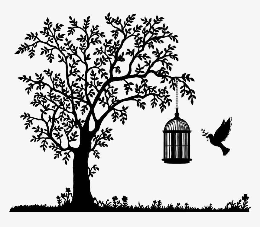 Tree And Bird Flying To Birdcage Silhouette - Drawing Of Two Sisters, HD Png Download, Free Download