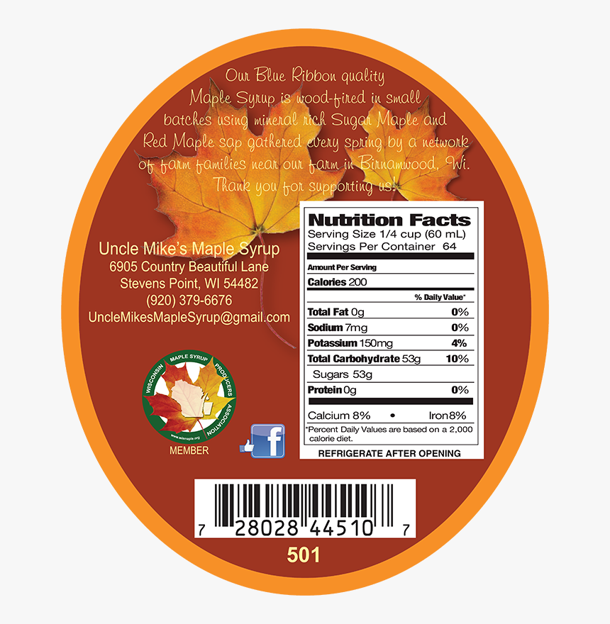 Uncle Mike"s 100% Pure Wisconsin Maple Syrup Nutrition - Maple Syrup Back Label, HD Png Download, Free Download