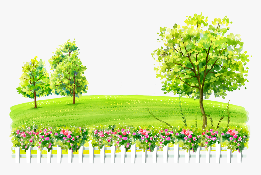 #watercolor #landscape #yard #hill #grass #fence #trees - Sunny Day Biking Cartoons, HD Png Download, Free Download