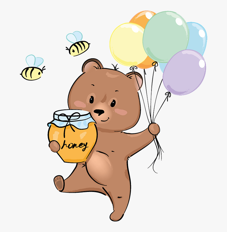 Cute Bear With Honey And Balloons Clipart - Cartoon, HD Png Download, Free Download