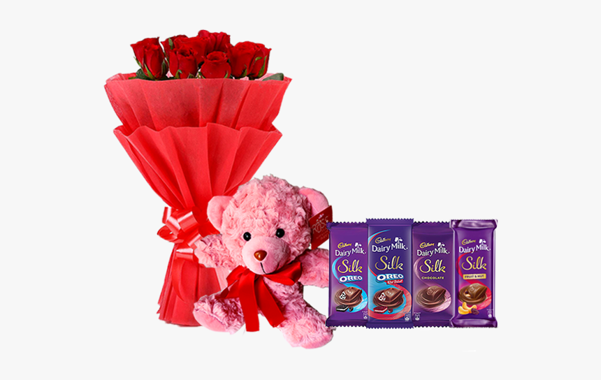 Rose With Teddy & Chocolates - Flower Bouquet, HD Png Download, Free Download