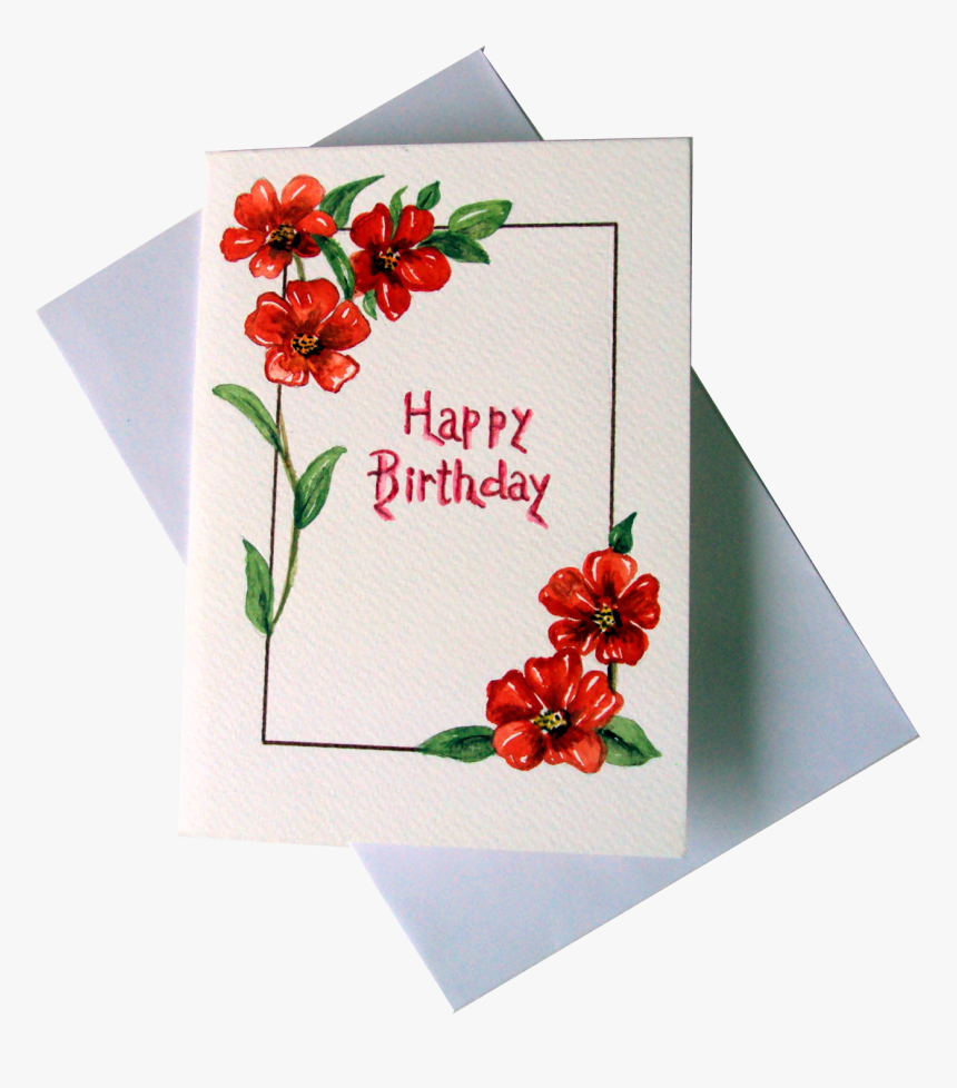 Red Flowers Happy Birthday Greeting Card - Happy Birthday Greeting Card Painting, HD Png Download, Free Download