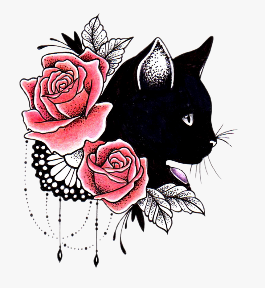 Tattoo Cover-up Sleeve Cat Free Clipart Hd - Cat Tattoos With Flowers, HD Png Download, Free Download