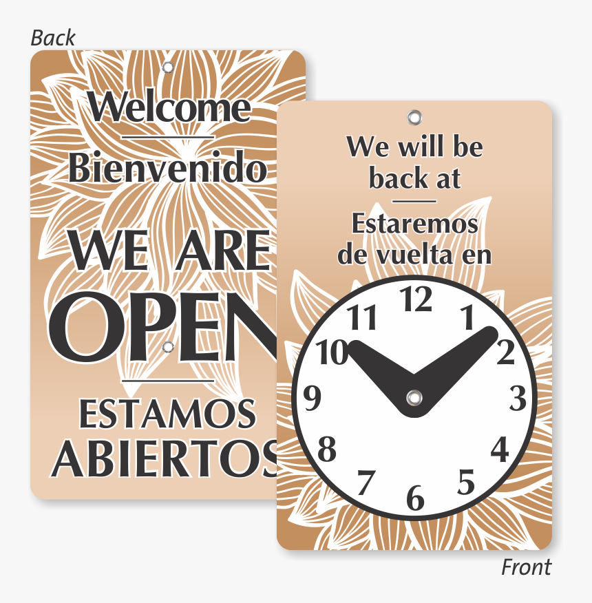 We Are Open Bilingual Be Back Clock Sign - Quartz Clock, HD Png Download, Free Download