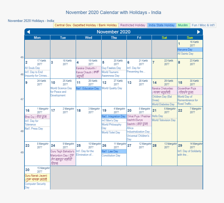 November 2020 Calendars With Holidays India - 2020 Holiday Calendar India, HD Png Download, Free Download