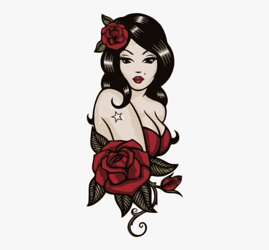 Woman, Roses - Pin Up Girl Old School Tattoos, HD Png Download, Free Download