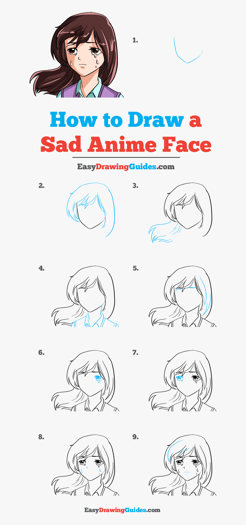 How To Draw Sad Anime Face - Anime Girl Step By Step Drawing, HD Png Download, Free Download