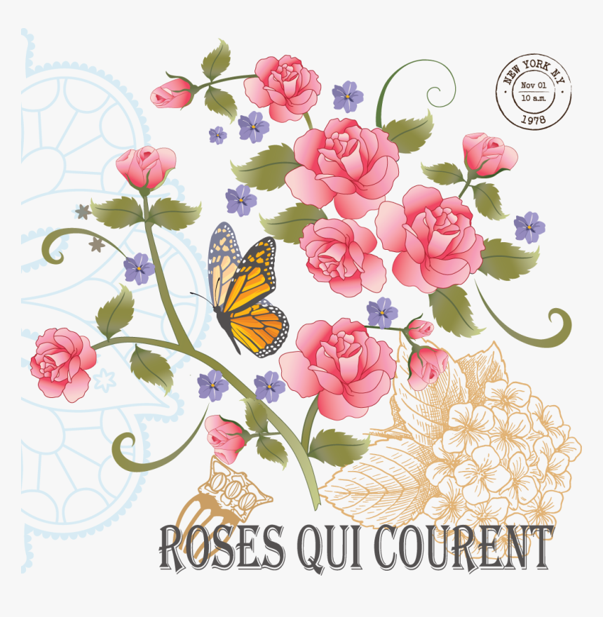 Vintage Roses And Butterflies Is A Downloadable Machine - Garden Roses, HD Png Download, Free Download