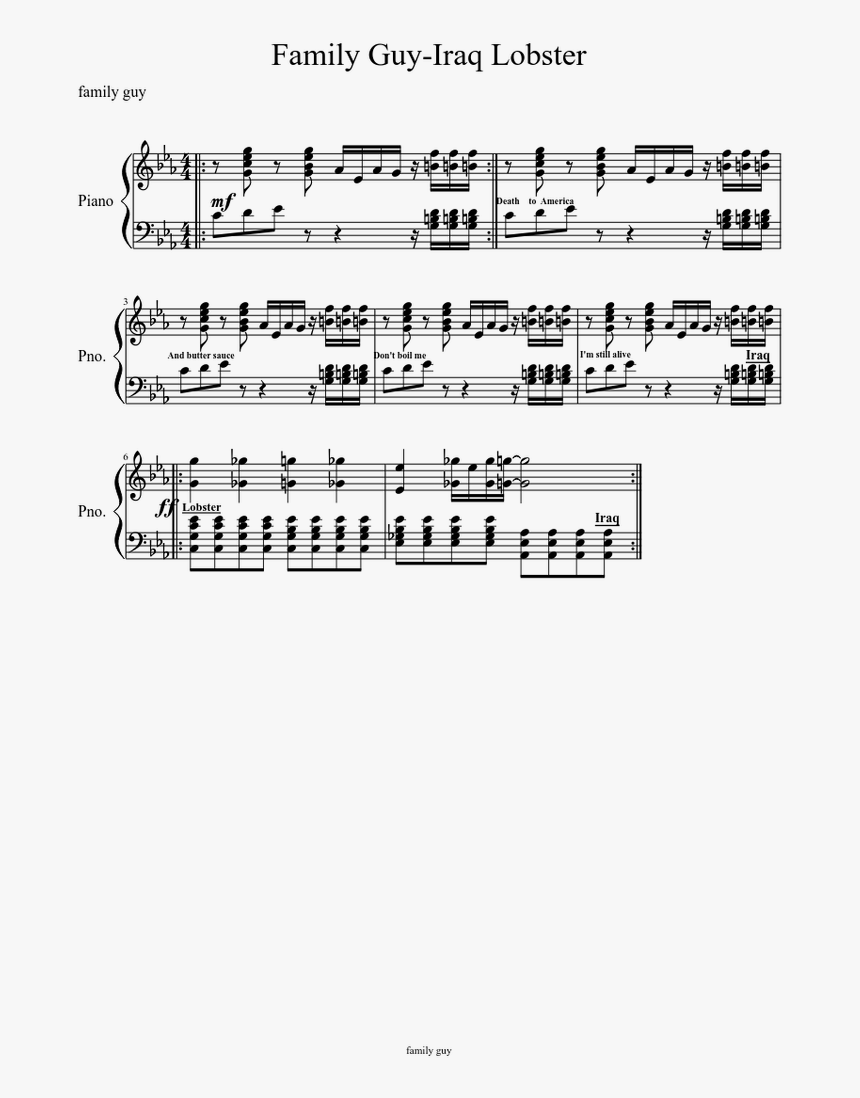 Family Guy-iraq Lobster Sheet Music For Piano Download - Iraq Lobster Guitar Notes, HD Png Download, Free Download