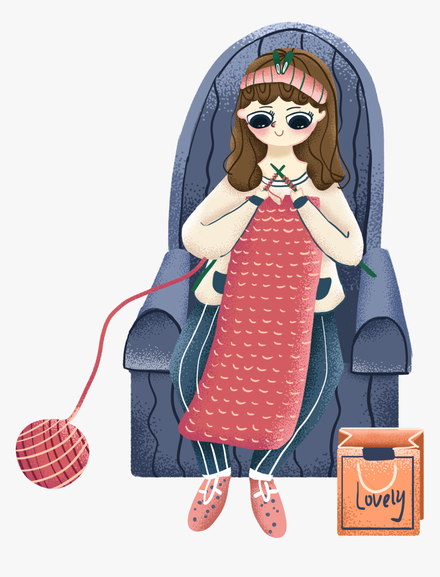 Painted Illustration Sofa Girl Png And Psd - นั่ง ถัก นิต ติ้ง, Transparent Png, Free Download