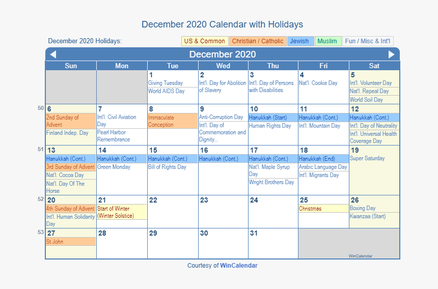 December 2020 Calendar With Holidays - Holidays In December 2019, HD Png Download, Free Download