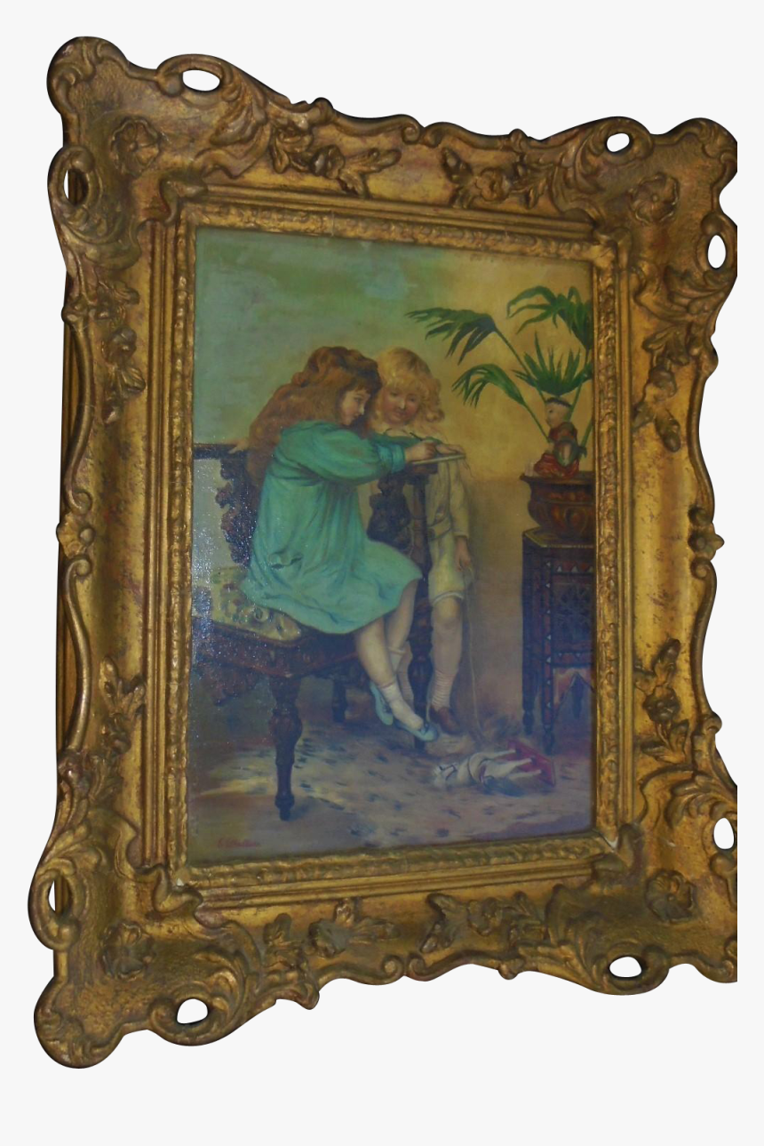 Signed Antique Oil Painting Little Girls Children Portrait - Picture Frame, HD Png Download, Free Download