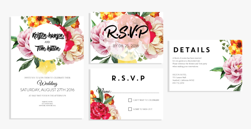 Colorful Hand Painted Flower Invitation Set - Luke - Garden Roses, HD Png Download, Free Download