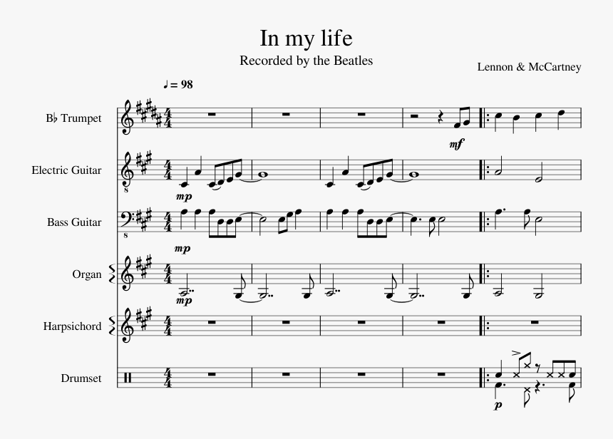 In My Life The Beatles Sheet Music For Trumpet, Guitar, - My Life Trumpet Beatles, HD Png Download, Free Download