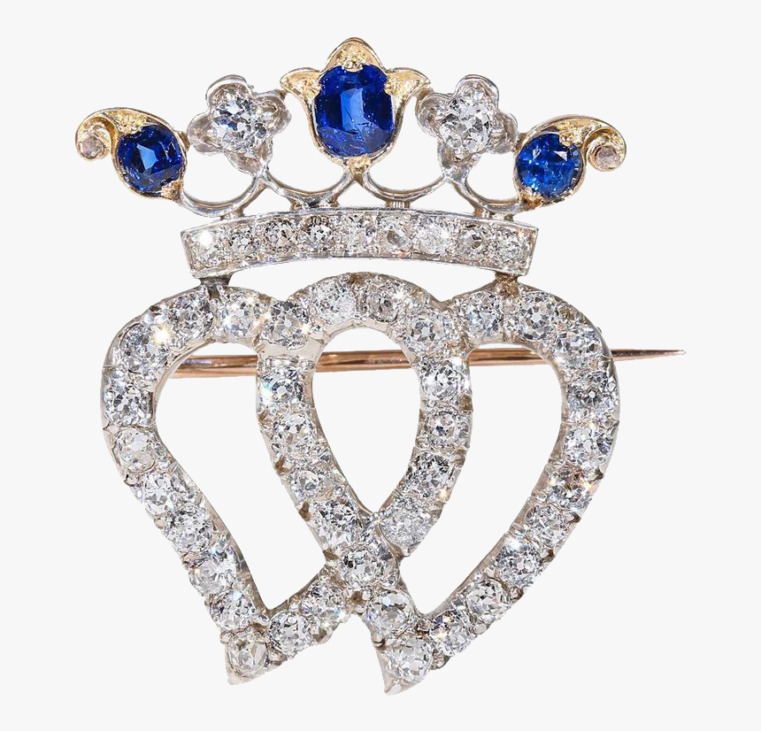 Victorian Double Heart Crown Sapphire Diamond Brooch - Diamond, HD Png Download, Free Download