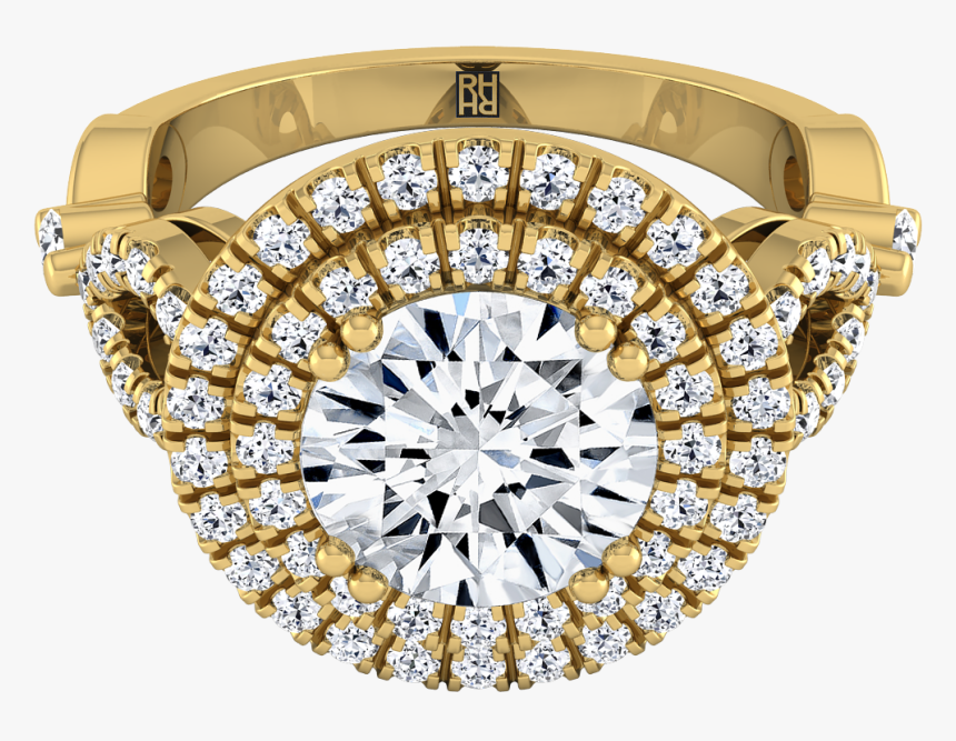 Round Diamond Double Halo Engagement Ring 18k Yellow - Engagement Ring, HD Png Download, Free Download