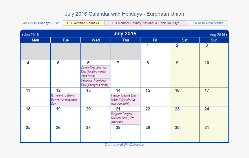 July 2016 Calendar With Eu Holidays - Calendar, HD Png Download, Free Download