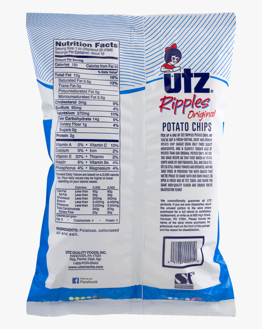 Utz Potato Chips, Ripples Original - Nutrition Facts, HD Png Download, Free Download