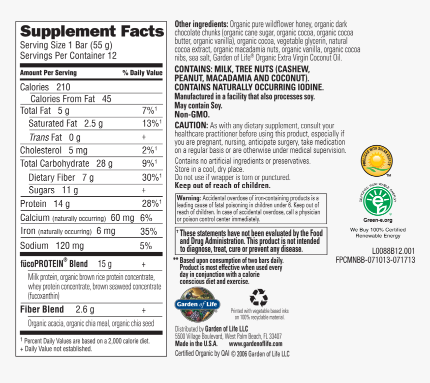 Nutrition Facts, Png Download - Garden Of Life, Transparent Png, Free Download