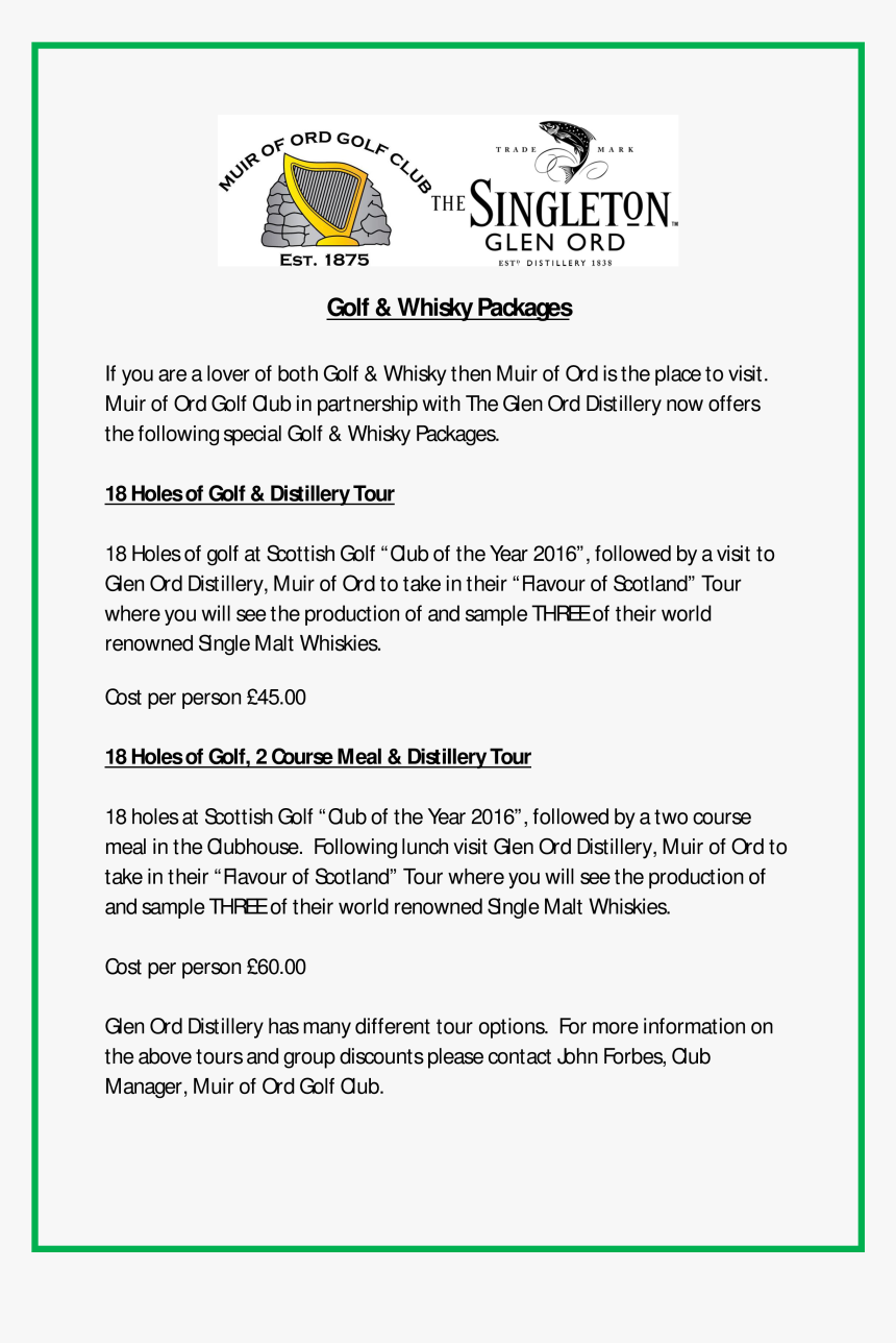 Golf & Whisky Package - Singleton, HD Png Download, Free Download