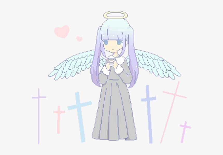 Cute Kawaii Anime Girl Wings Angel Pixel Cross Heart - Anime Girl With Cross, HD Png Download, Free Download