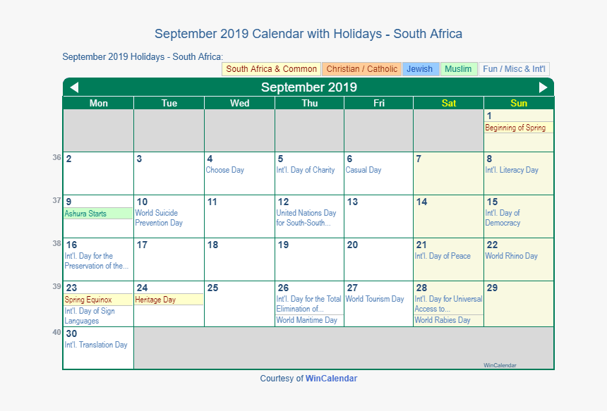 September 2019 Calendar With South Africa Holidays - Food Calendar October 2019, HD Png Download, Free Download