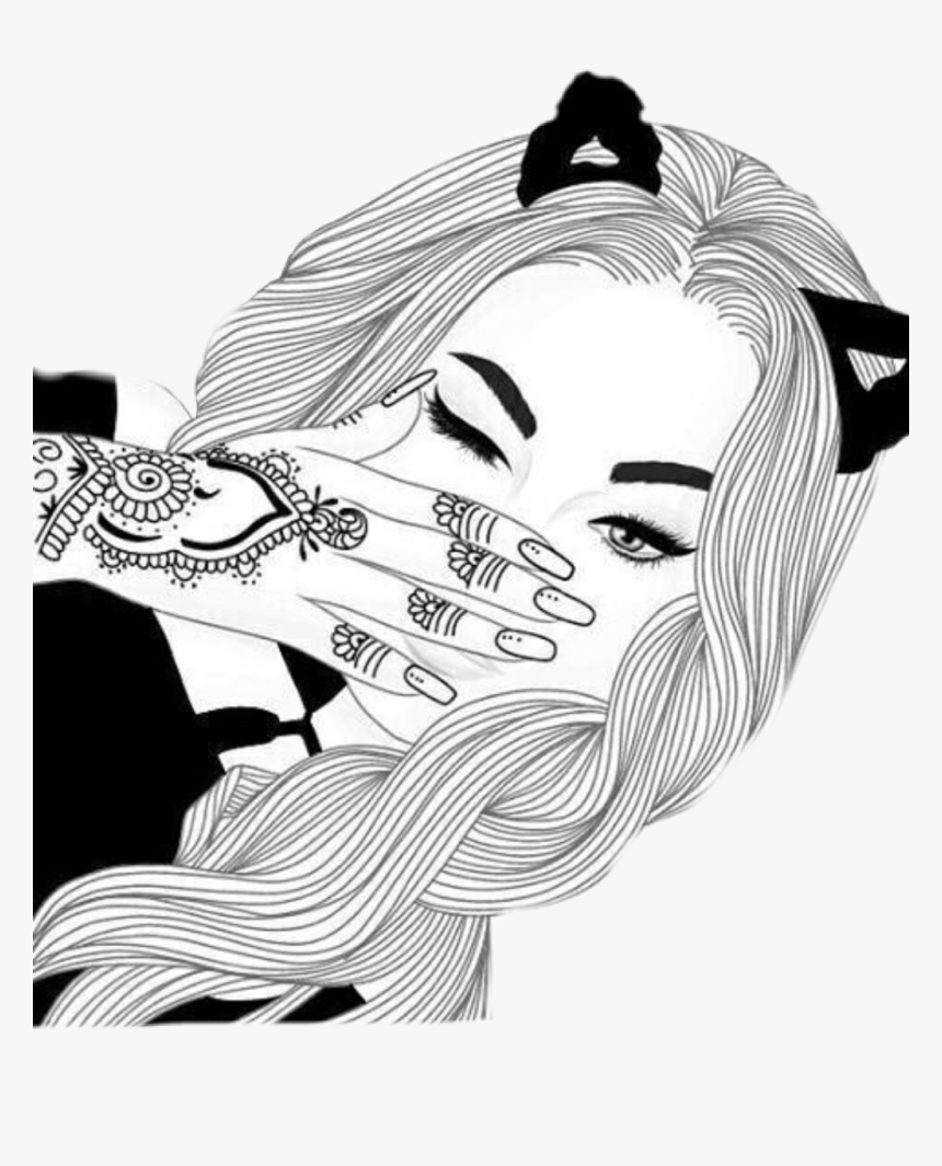 Freetoedit Ftesticker Girl Tumblr Drawing Sketch Cat - Black And White Girl Drawings, HD Png Download, Free Download