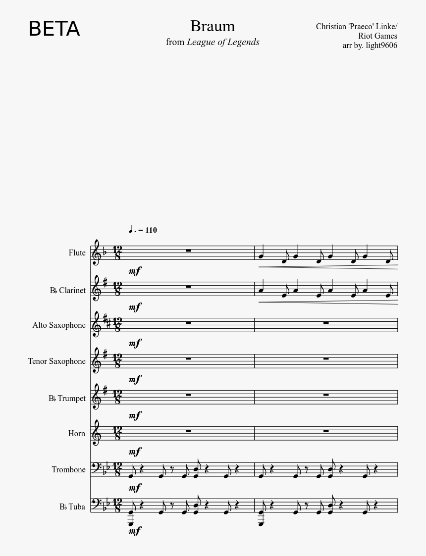 Braum Sheet Music Composed By Christian "praeco - Everybody Lost Somebody Bleachers Saxophone Sheet Music, HD Png Download, Free Download