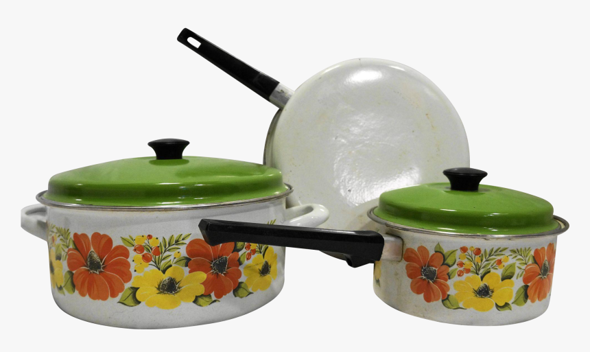 Orange Yellow Flower Porcelain Enamel Cookware Set - 1970s Pots And Pans, HD Png Download, Free Download