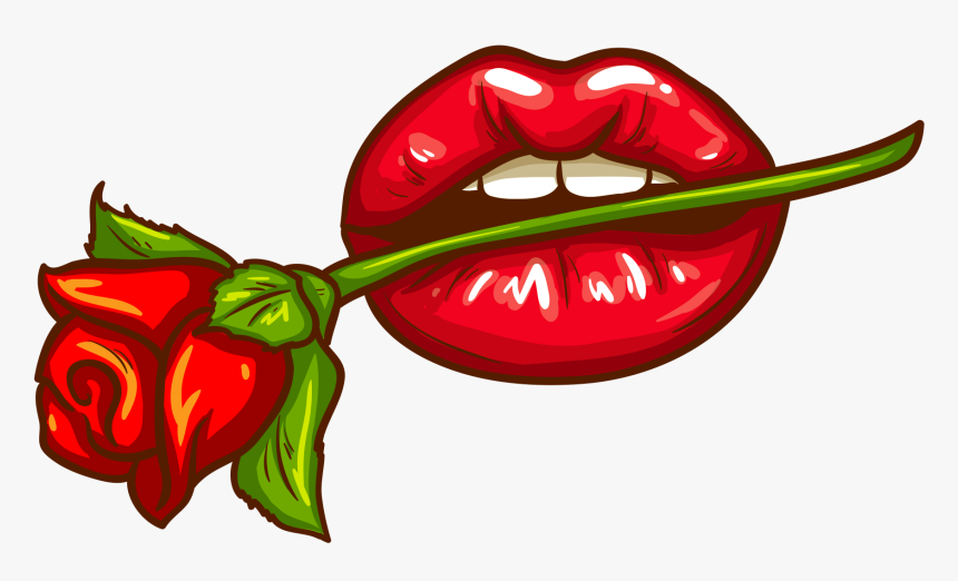 Beautiful Red Lips With Rose Png Image Free Download - Cartoon Lips With Tongue, Transparent Png, Free Download
