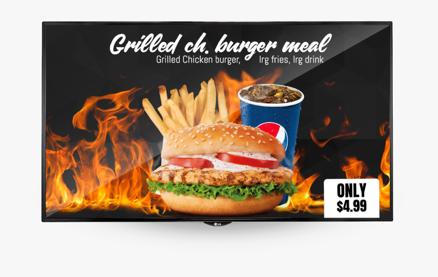 Lcd Showing Food Menu Burger, Fries And Drink - French Fries, HD Png Download, Free Download