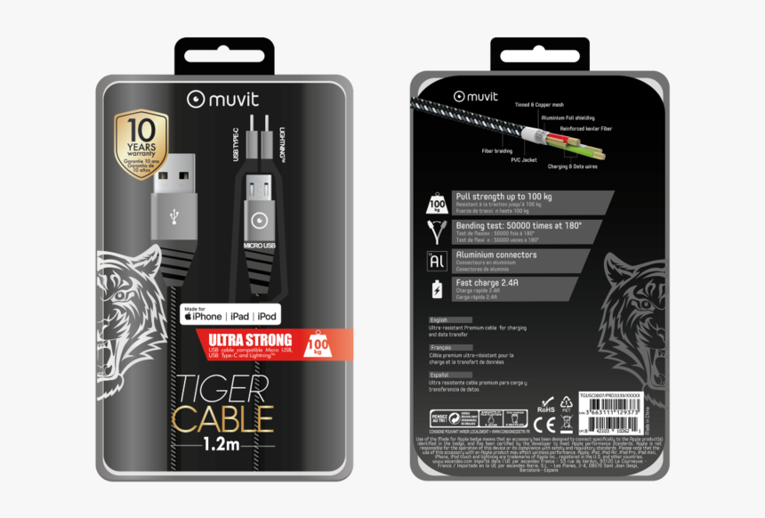 Muvit Tiger 3 In 1 Cable Usb/micro Usb/type C/lightning - Muvit Tiger Cable, HD Png Download, Free Download