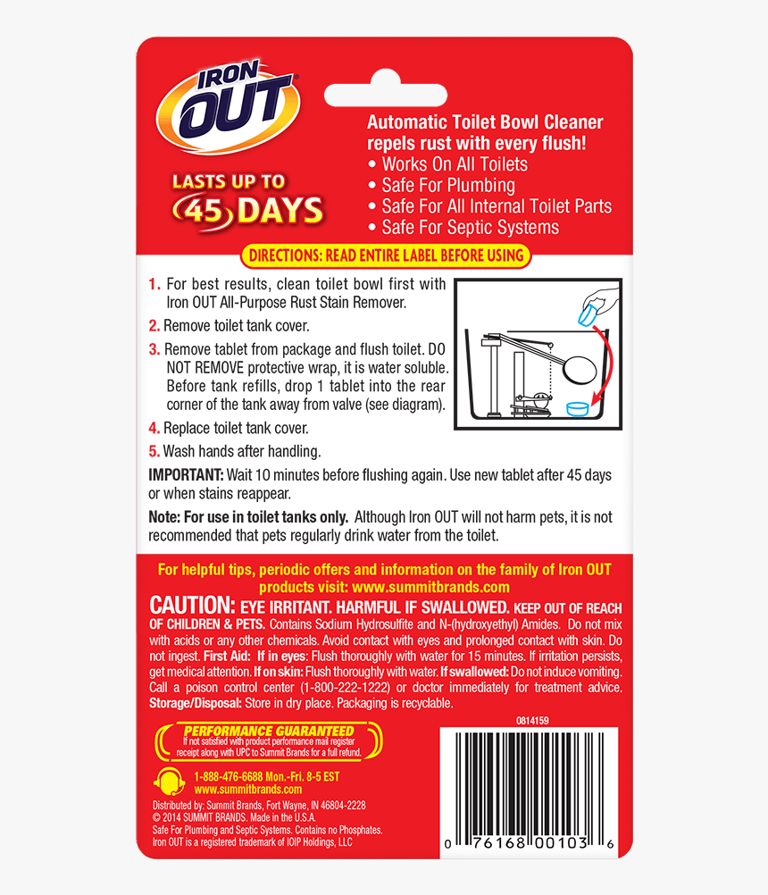 Iron Out® Automatic Toilet Bowl Cleaner Package Back - Toilet Cleaner, HD Png Download, Free Download