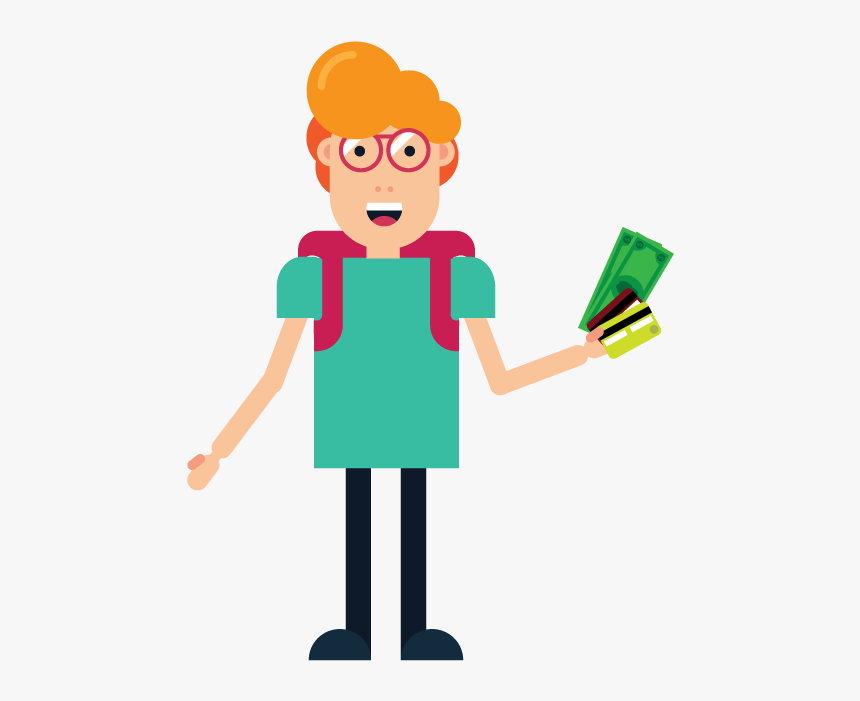 Student Holding Dollar Bills And Credit Cards - Cartoon Student With Money, HD Png Download, Free Download