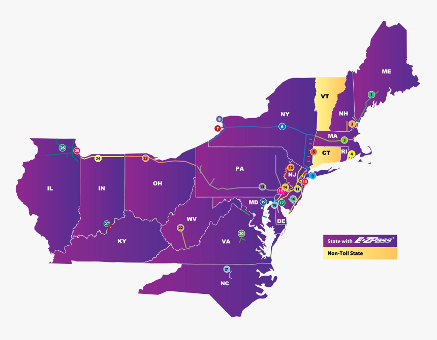 Map Of Participating Toll Facilities - States Does Ez Pass Work, HD Png Download, Free Download