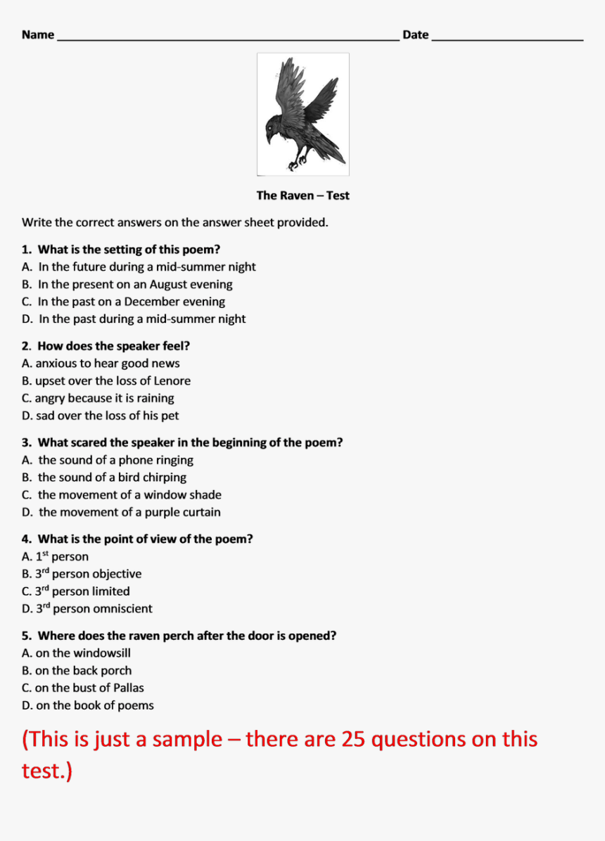 2016 A+ Literature Guide The Raven Test Answers, HD Png Download, Free Download