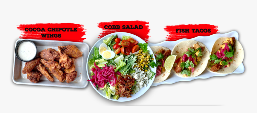 Cocoa Chipotle Wings, Cobb Salad, Fish Tacos - Korean Taco, HD Png Download, Free Download