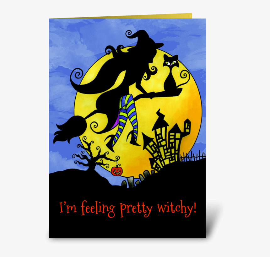 Witch Moon Happy Halloween Greeting Card - Illustration, HD Png Download, Free Download