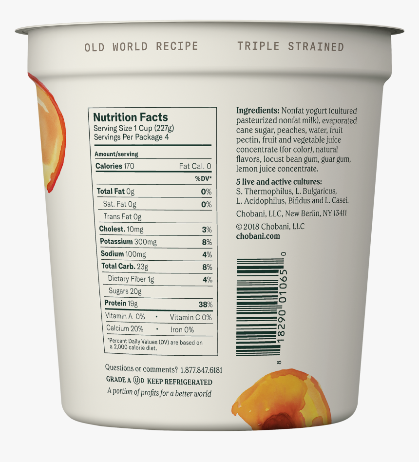 Chobani Plain Greek Yogurt Nutrition , Png Download - Chobani Peach Yogurt Ingredients, Transparent Png, Free Download