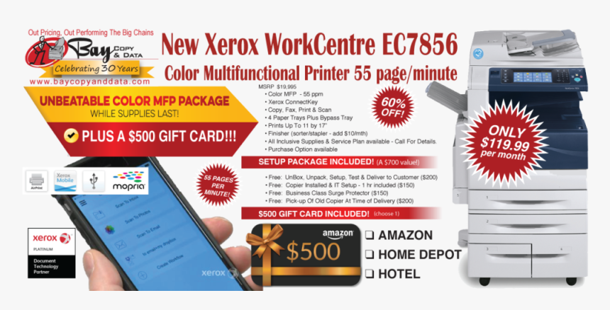 New Xerox Ec7856 Copier Prints 55 Ppm Free $500 Gift - Xerox Workcentre 7545, HD Png Download, Free Download