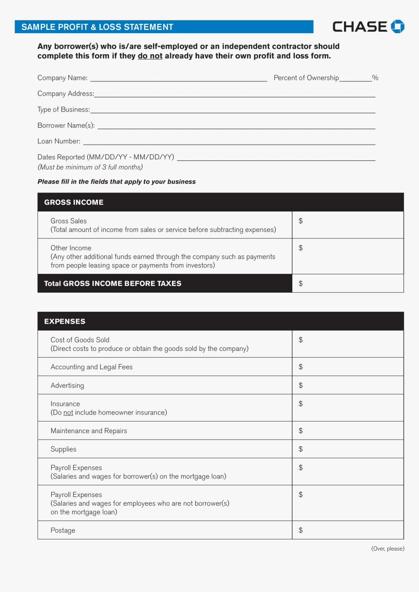 Chase Bank Profit And Loss Statement Main Image - Self Employed Independent Contractor Profit And Loss, HD Png Download, Free Download