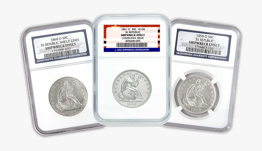 Three Ngc Certified “shipwreck Effect” Seated Liberty - Ss Republic Morgan Silver, HD Png Download, Free Download