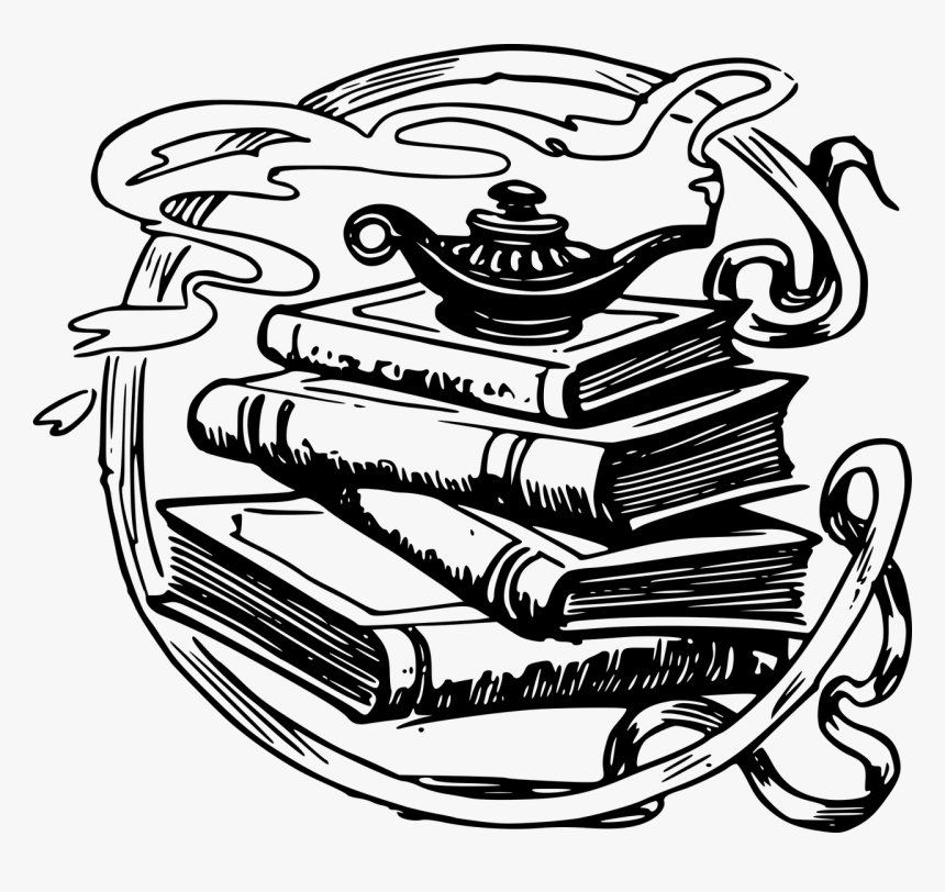 Line Art,art,monochrome Photography - Genie Lamp On Books, HD Png Download, Free Download